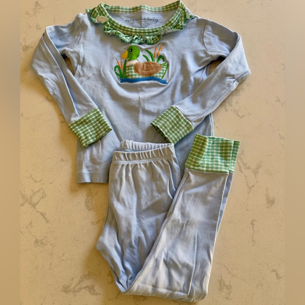 Magnolia Baby Ruffled Gingham Duck Pajamas